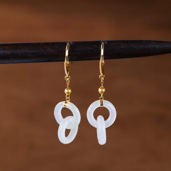 18K 골드 허톈옥 링 연결 귀걸이 · 원석 11×11mm